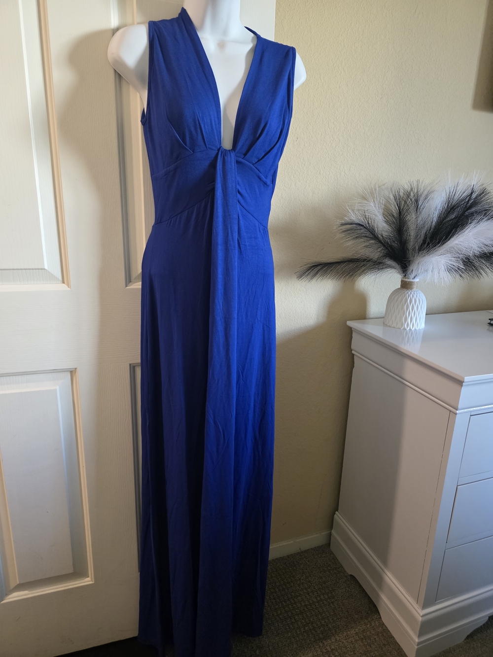 Sleeveless Deep V Royal Blue Maxi Dress with Twist Front